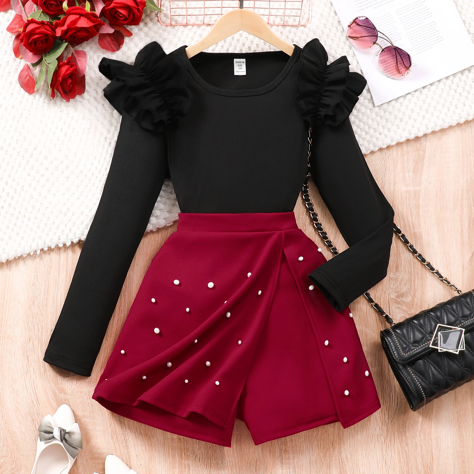 College style 8-12 years old long sleeve lotus leaf edge shirt and pearl decoration skirt pants set for formal occasions