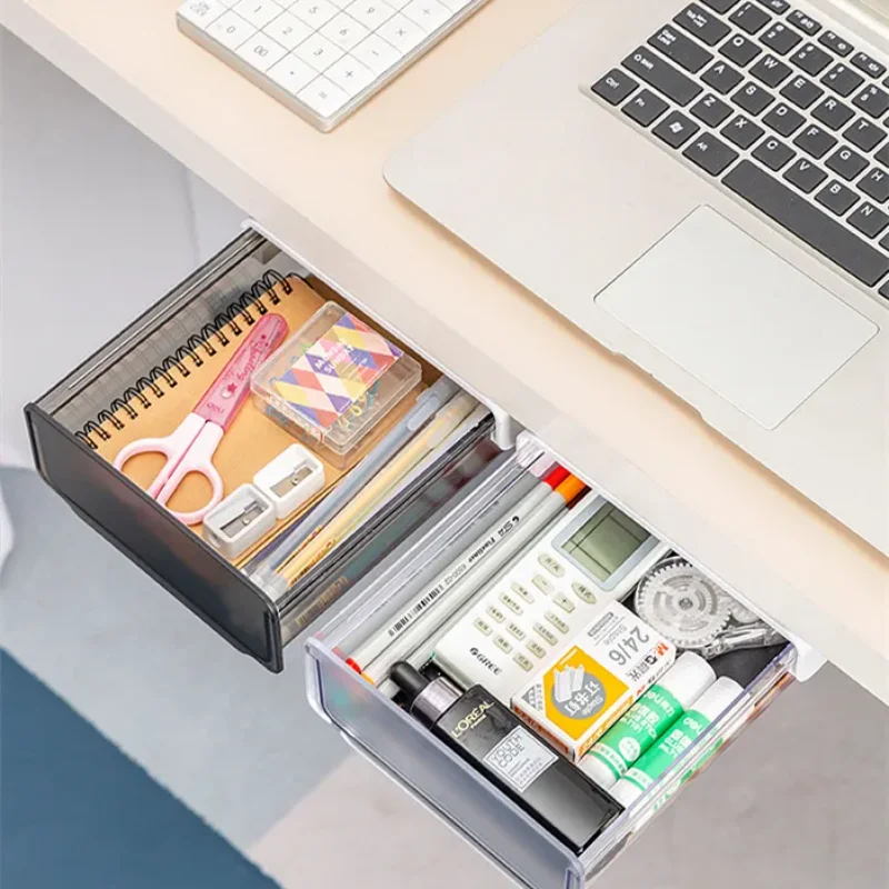 Clear Under Desk Hidden Drawer Office Storage Box Organizer Drawer Desk Supplies Holder Rack Memo Pen Stationery Storage Tray