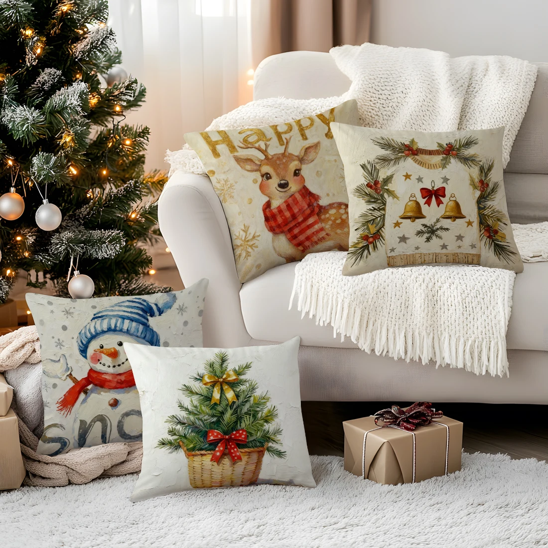 

Oil Painting Christmas Pillowcase Printed Polyester 40/45/50cm Throw Pillowcover Decorative Sofa Cushion Pillowslip Home Decor