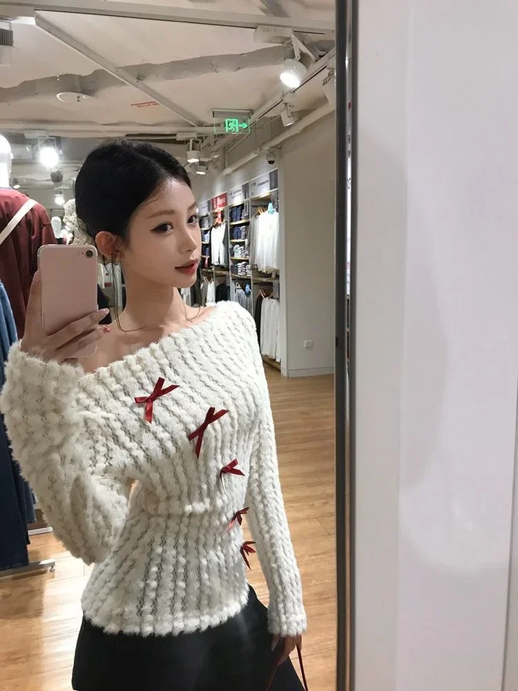 Bow Off Shoulder White Knitted Sweater for Women 2025 Early Autumn New Bottoming Tops Mujer Y2k Long Sleeved Pullovers T Shirts