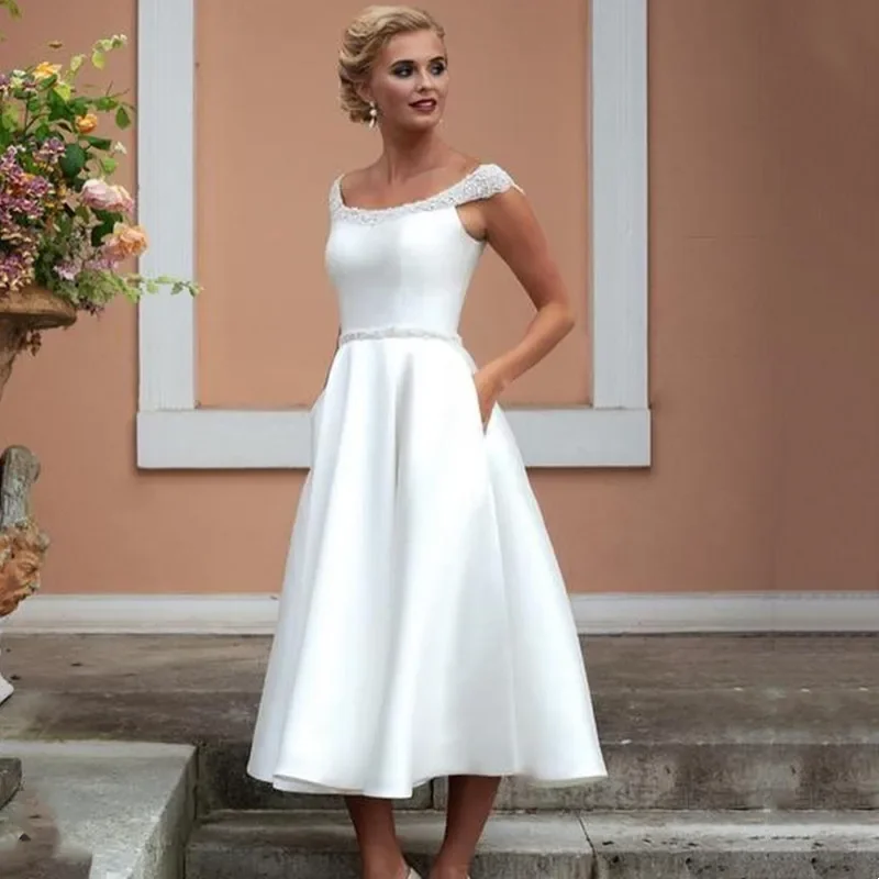 Short Wedding Dress 2025 Elegant Scoop Simple Off The Shoulder Bridal Dress A-line Button Pleats Mid-Calf Robe De Mariée Custom