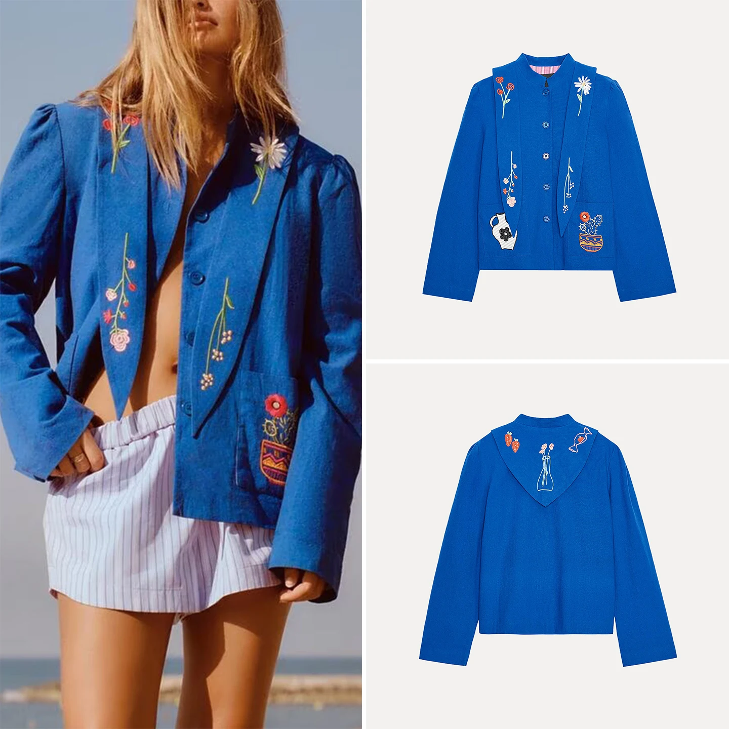 

Faionable Embroidered Jaet Women's Sle Casual Loose Fit Polyester Long Sve round Ne Button up Breathable ort Coat
