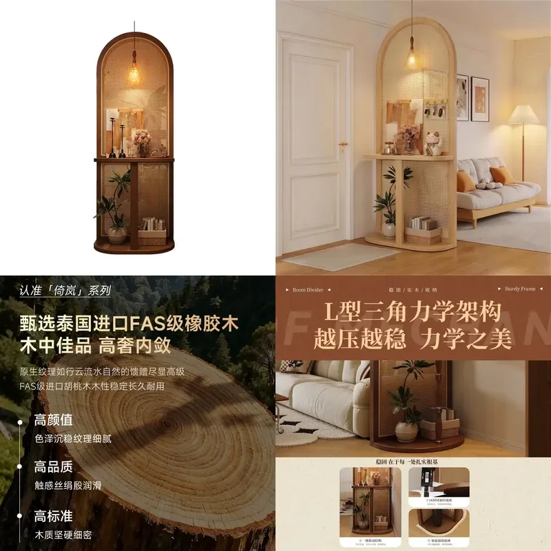 Japanese Solid Wood Rattan Entryway Screen Divider Living Room Partition Shelf Privacy Shielding Decor