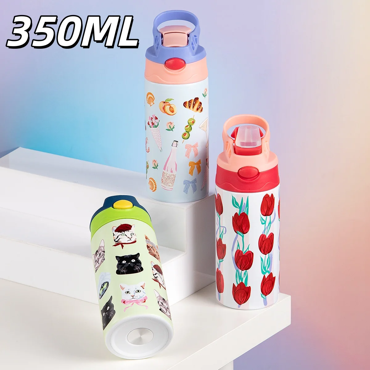 Botella de agua de acero inoxidable con dibujos animados de 350ml, taza portátil para exteriores con asa, vasos con pajita con patrón de gatito y Picnic