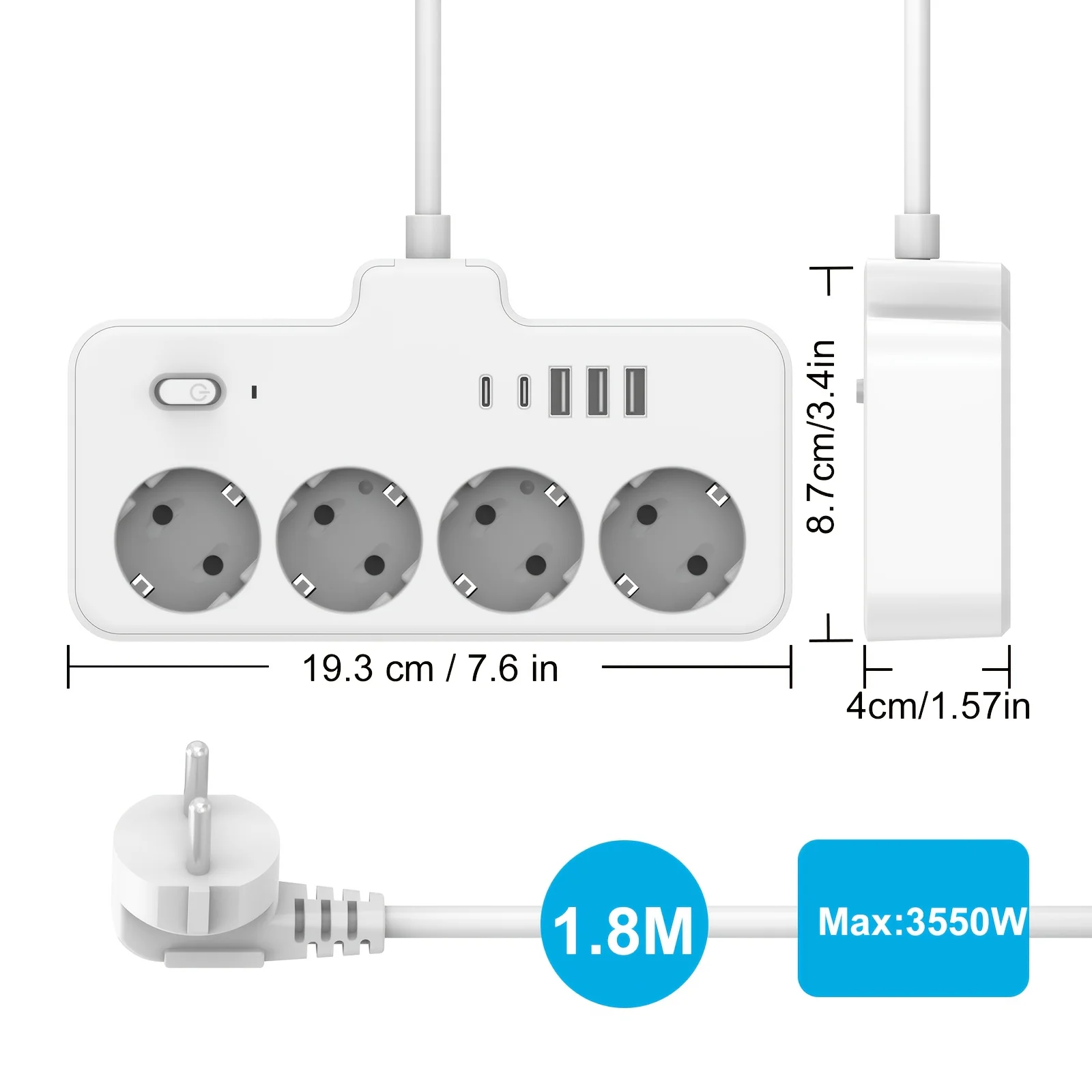 1 white Power Strip and Surge Protector, 4 AC Outlets, 3 USB Ports and 2 Type C Port,5FT Extension Cord, Maximize Outlet Spac