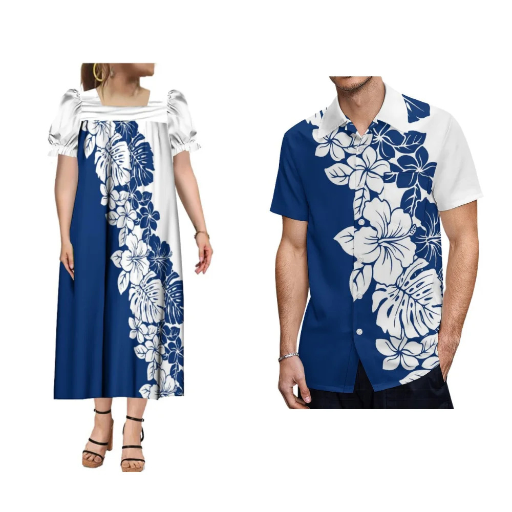 

Polynesian Floral Print Custom Patterned Design Summer Short Sleeve Ladies Puffed Sleeve Full Skirt Mumu Microsia Couple Clothes