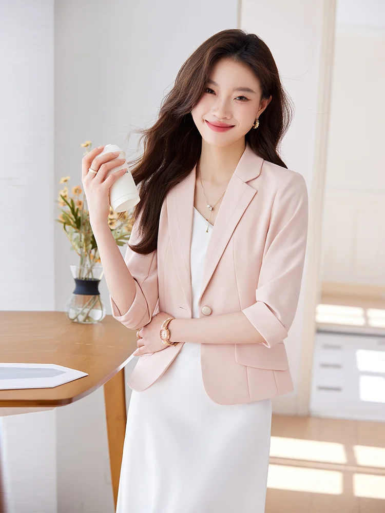 

Женский приталенный жакет с рукавом 7/8 для весны и лета, профессиональный, модный, деловой костюм, высокое качество, полиэстер