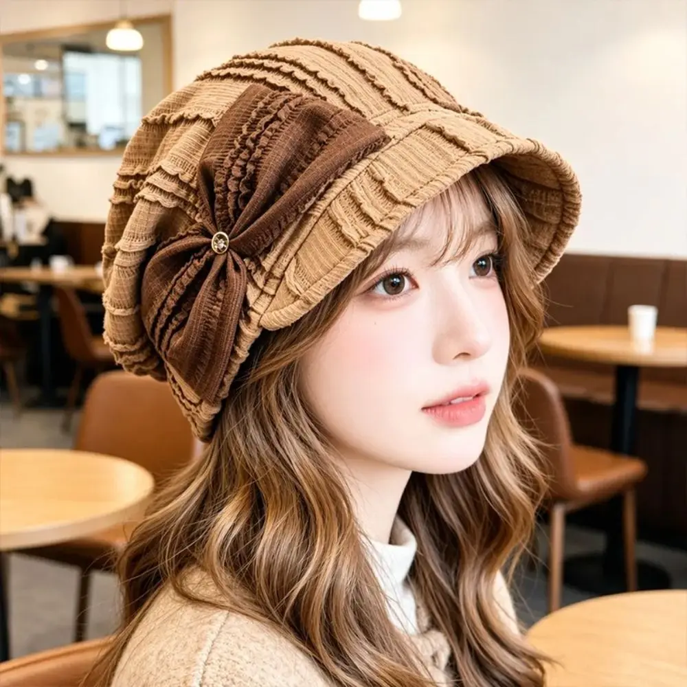 Soft Material Knitted Bucket Hat Foldable Design Bow Decoration Warm Beret Cap Double-Layer Knitted Adjustable Drawstring