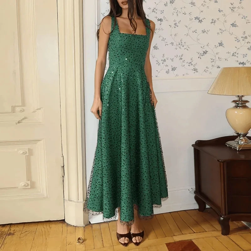 

Элегантное однотонное вечернее платье без рукавов с завышенной талией, плиссированное, расклешенное, во французском стиле, с пайетками, на бретельках, для вечеринок