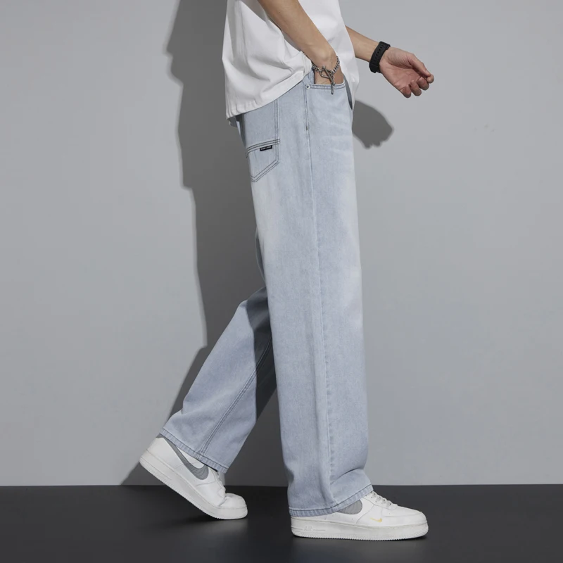 

Новинка осени 202, мужские мешковатые прямые джинсы, модные повседневные винтажные синие джинсовые брюки с отбеливающим эффектом, уличная одежда, мужские брюки