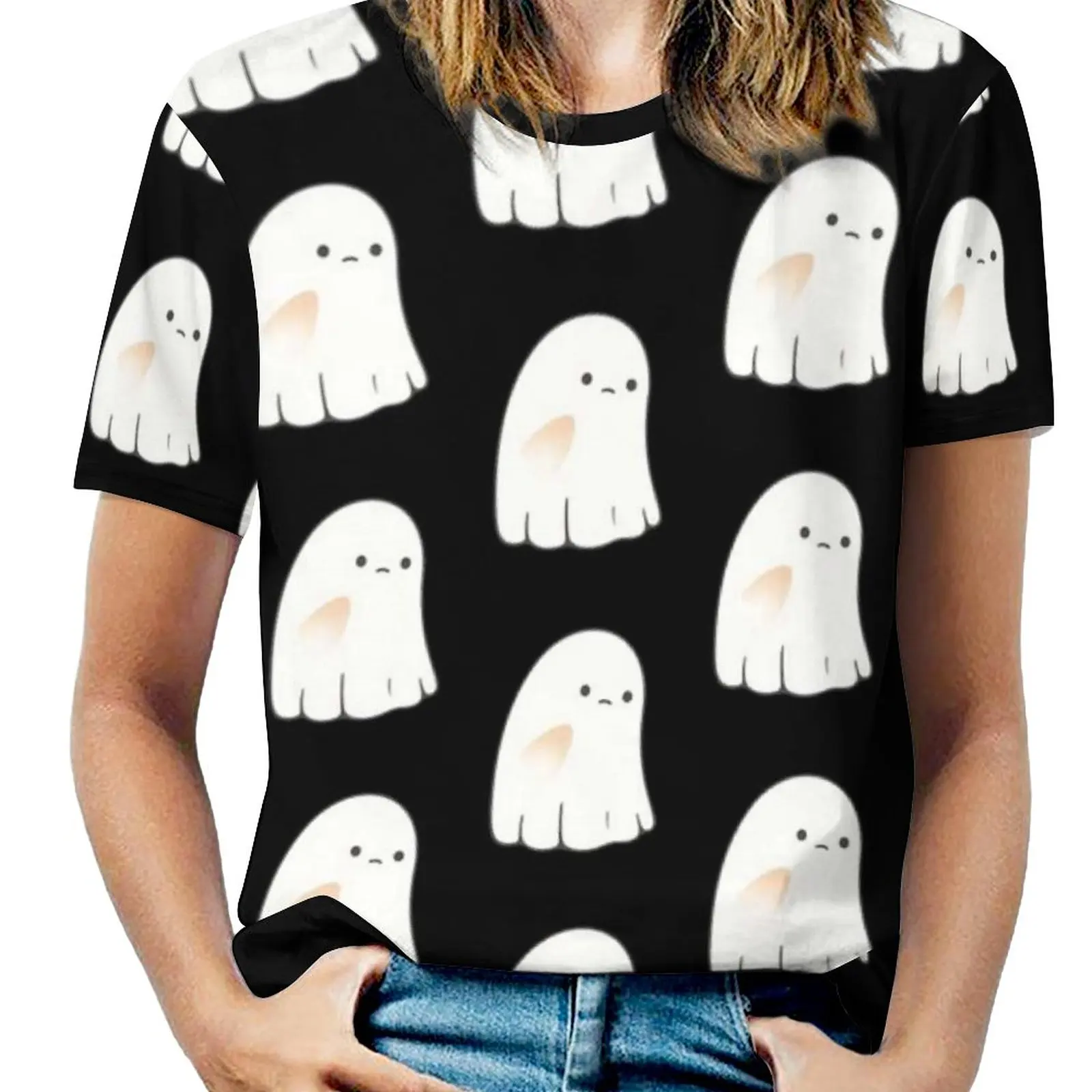 Sad Ghost Fashion Print Women Ladies Girls T-Shirt Harajuku Round Neck Short Sleeve Tops & Tees Spooky Haunted Soul Spirit