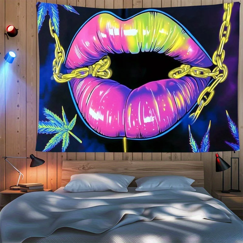 Neon Lips Tapestry, Gold Chain Wall Hanging, Psychedelic Art Dorm Decor, Colorful Pop Style Bedroom Blanket for Teens