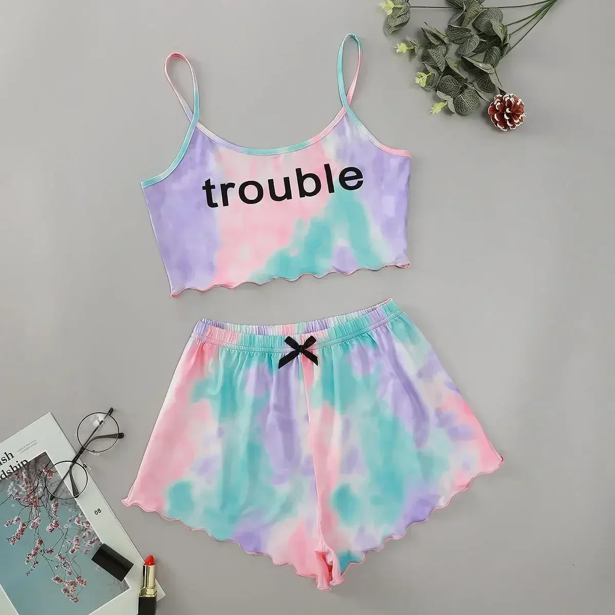 

Ombre Tie-Dye Typography Lounge Set – Women's 2025 Summer Gradient Homewear
