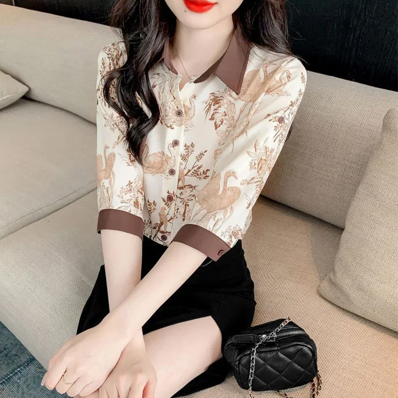 

2024 New Summer Korean Style Retro Elegant Fashion Loose Office Lady Women's Shirt Print Button Lapels 3/4 Sleeve Chic Y2K Tops