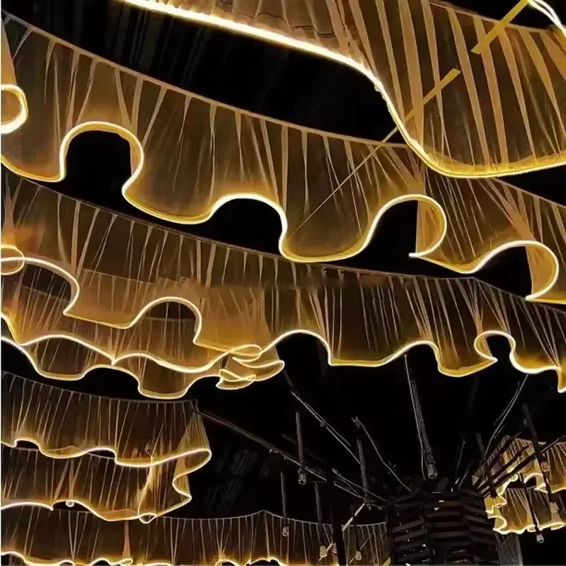 Wholesale Wedding Mesh Ceiling Curtains with LED Strip Lights Decorative Hanging Drapes for Catering Event Party Decoration