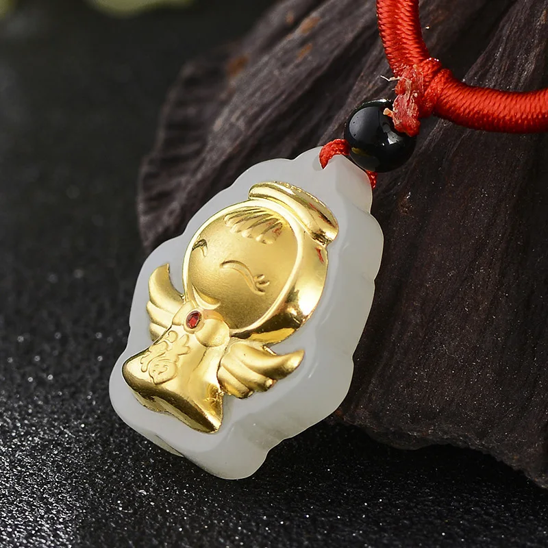 Real Hetian Jade Pendant For Women 3D Gold Foil Loving Angel Red Gem Stone Pendants