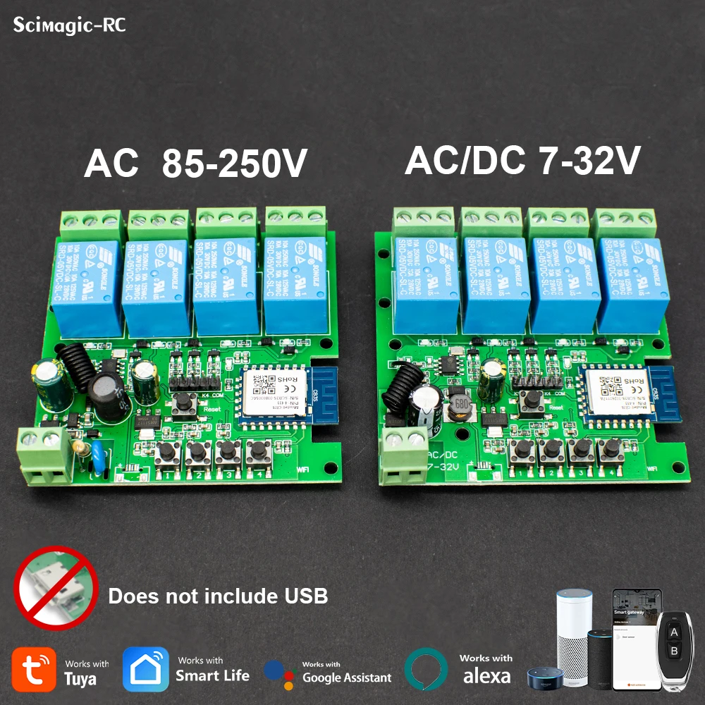 

WiFi Tuya Smart 4CH Switch 220V 10A Relay Module APP Remote Control AC DC 12V 24V 220V 85-250V RF433 Receiver Google Home Alexa