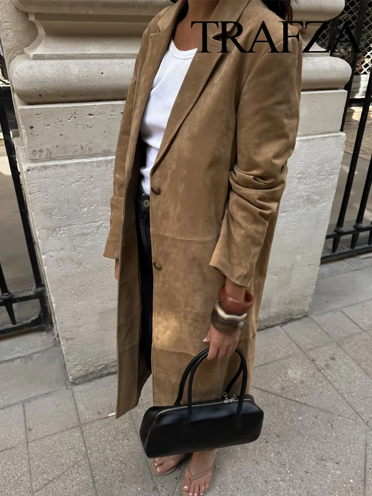 

TRAFZA Woman Autumn Winter Solid Casual Coat Long Sleeves Loose Outwear Women Elegant Single-Breasted Lapel Slim Long Jacket