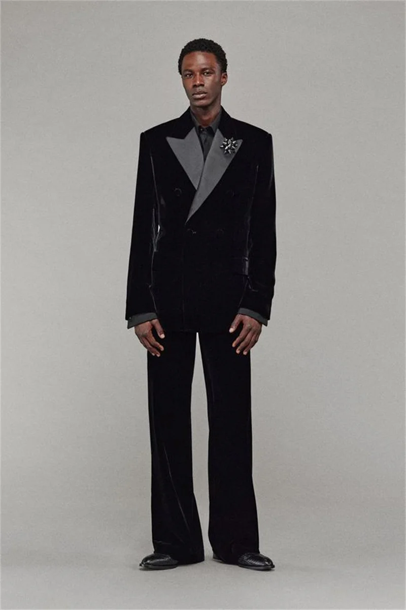Black Velvet Men Suits Set 2 Pcs Crystals Blazer+Pant Trousers Wedding Tuxedos Autumn Formal Office Groom Prom Male Jacket Coat
