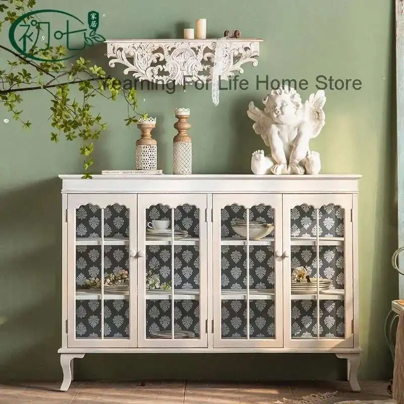 

French Vintage Living Room Cabinet Sideboard Buffet Console Cabinet Coffee Bar Storage with Rattan Decorated Comodas Con Cajones