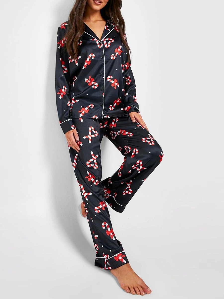 Women Christmas Pajamas Lounge Set Candy Cane Print Long Sleeve Shirts Tops and Pants 2 Piece Loungewear Outfits