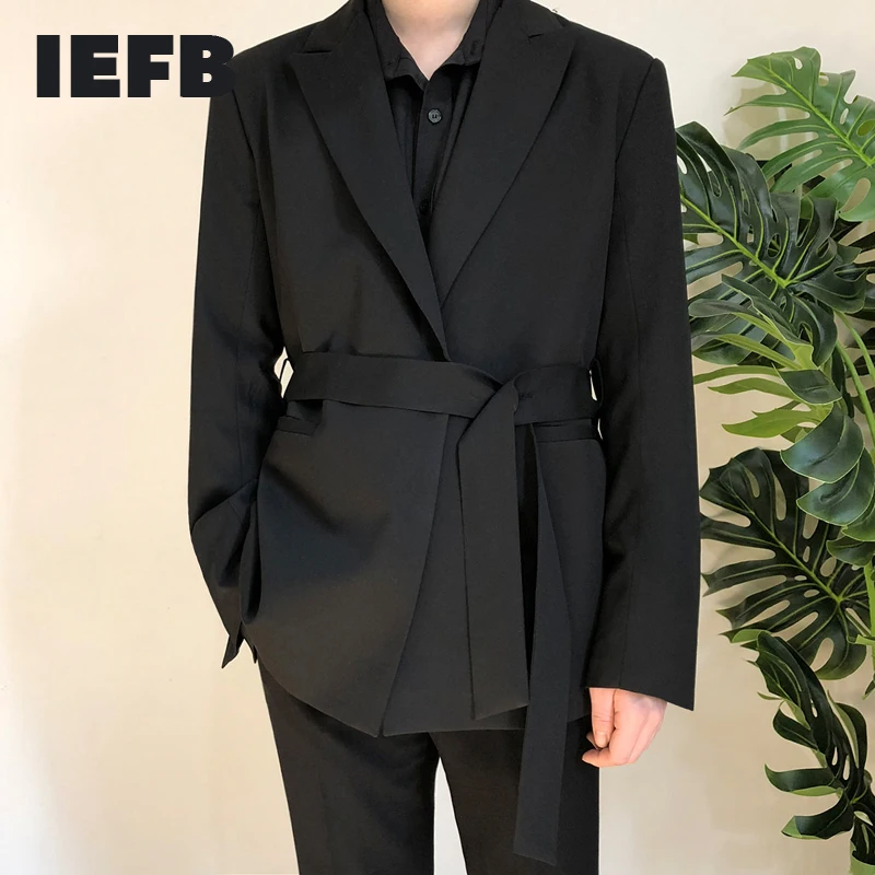 IEFB /men\'s Wear 2023 Autumn Casual Black Suit Loose Coat Self-cultivation Trend Handsome Small Blazers With Belt Design 9Y90001