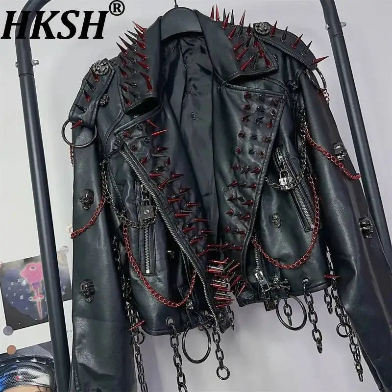 HKSH Women PU Leather Jacket Y2K Hot Girl Punk Heavy Rivet Chains Zipper Metal Decoration Trendy Dark Coat Spring Autumn HK23980