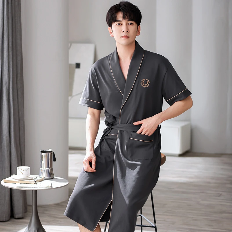 Men\'s Cotton Kimono Long Robes 4XL Short Sleeve Sleepwear Bathrobe Big Yards Nightgown Summer Lapel Home Clothes For Male