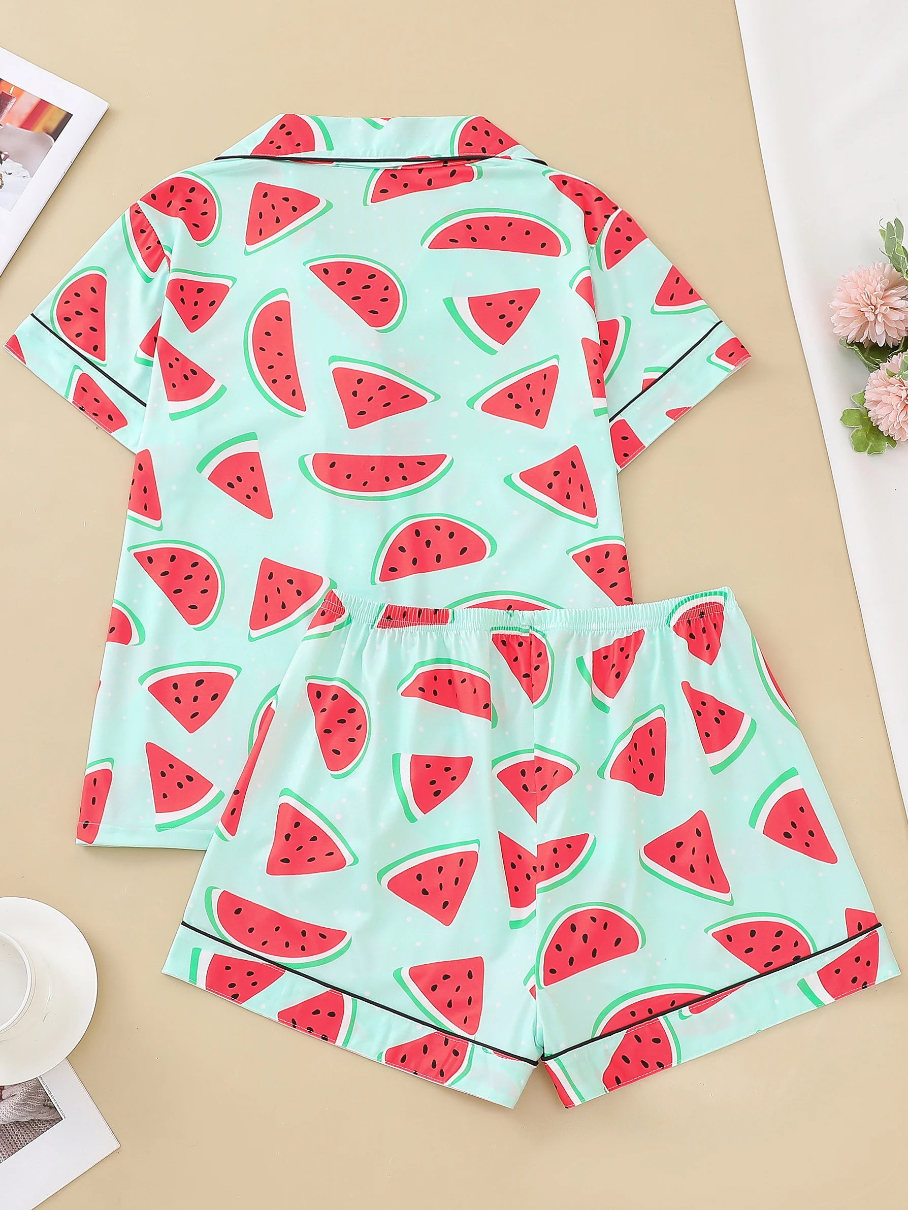 Two-piece set of women\'s pajamas lapel top and trousers watermelon summer casual women\'s pajamas home wear