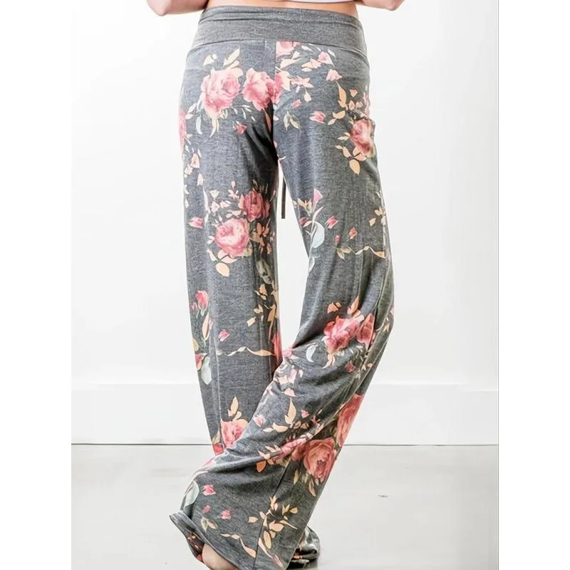 plus Size Floral Print Wide Leg Pants Casual Drawstring Waist Harem Pants Unisex Spring Fashion Neutral Style Other Material