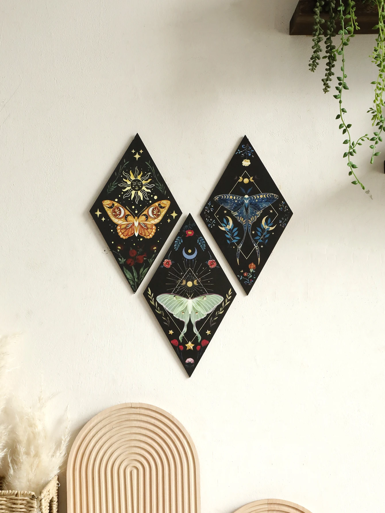 Butterfly Rhomboid Wooden Wall Decor Moon Star Colored Drawing Wall Art Nordic Home Decoration Home Decoration Accessories Gift