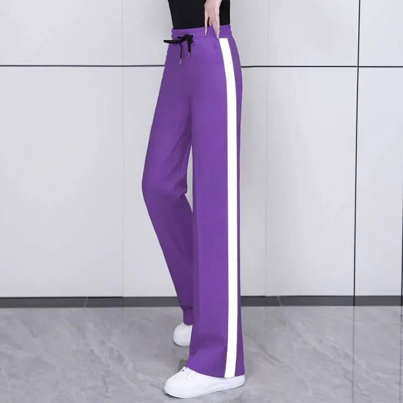 2023 New Explosions Purple Square Dance Sweatpants Female Contrast Color High Waist Elastic Casual Straight Wide Leg Pants