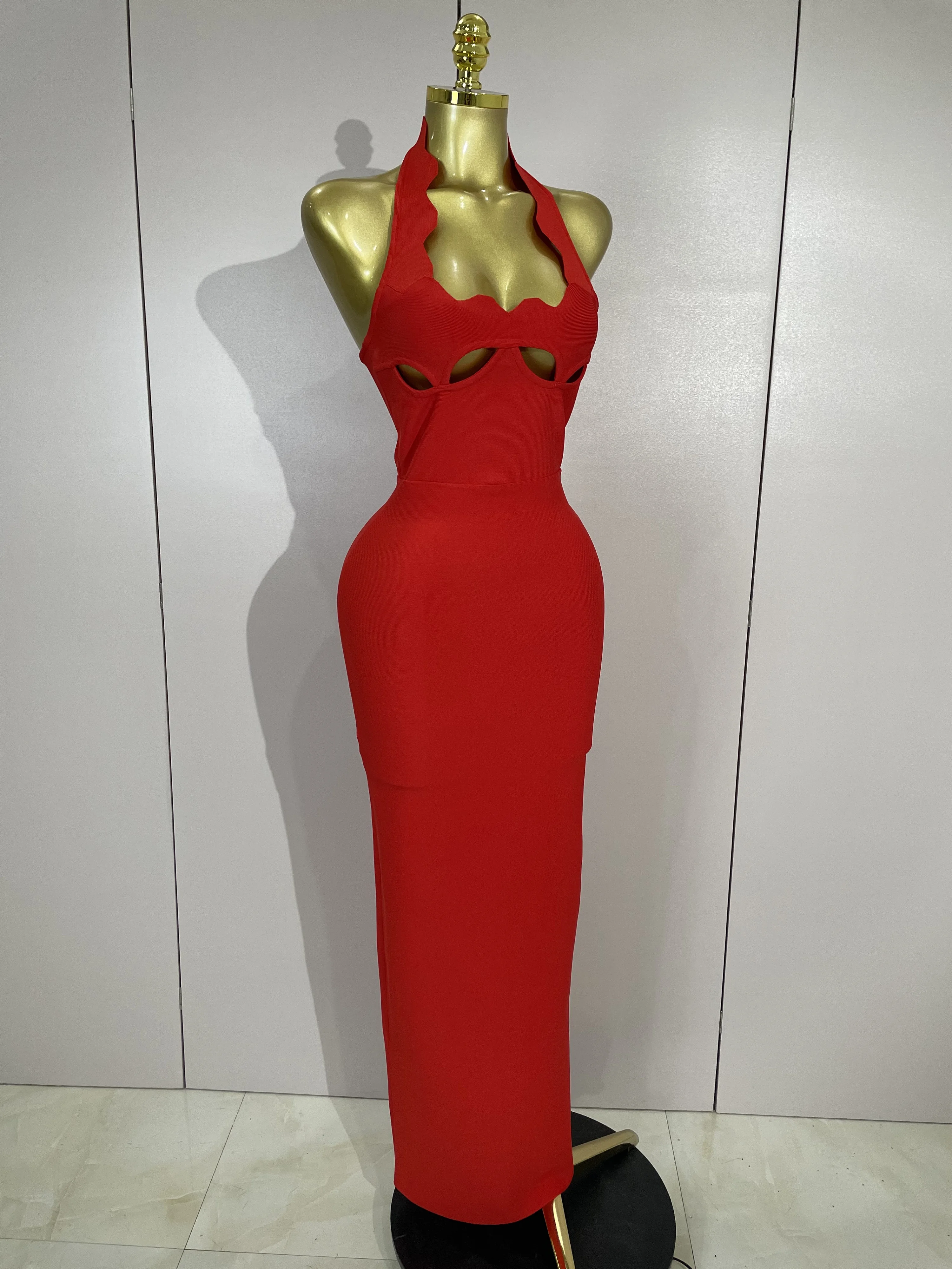 Sexy Halter Neck Heart Shaped Bust Cut Out Backless Split Bandage Long Dress Evening Party Celebrity Birthday Photo Shoot Outfit