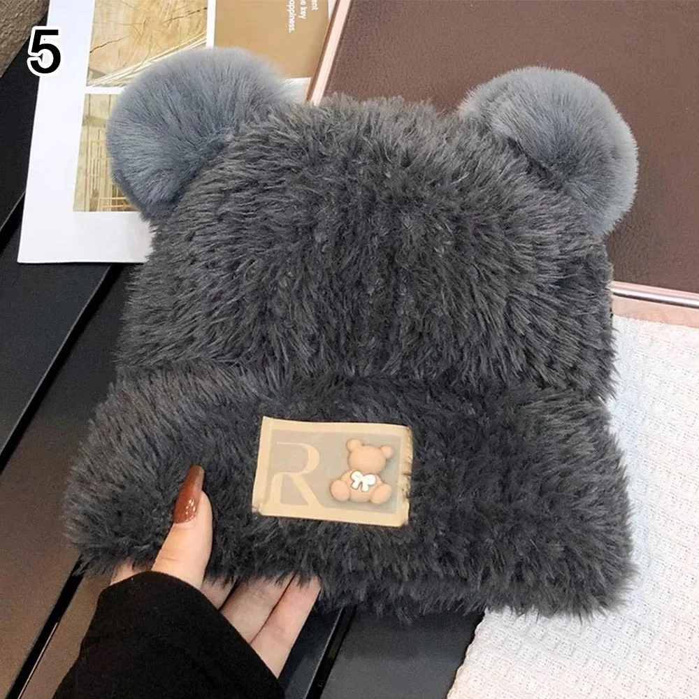 New Ear Protection Plush Hat Plush Cute Bear Beanie Hat Large Head Circumference Wool Skullcap