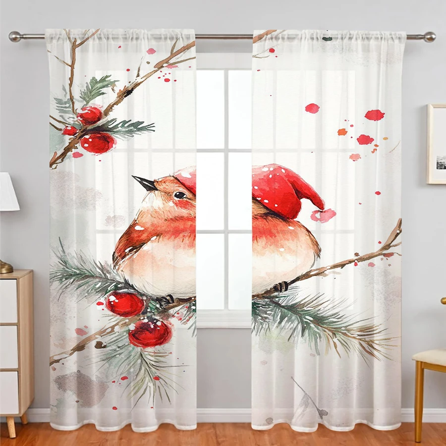 2PCS Sheer Curtains Watercolor Christmas Robin Bird Hat Berry Print, Window Voile Panels for Bedroom Living Room Xmas Decor