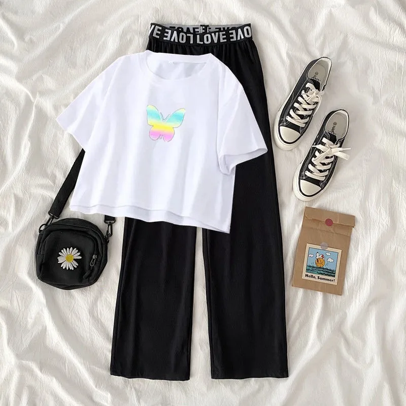 

2025 spring summer Kids tracksuit Children Girls Clothes short sleeve T-Shirt + wide leg Pants Suit Teenager 5 6 7 10 11 12 year