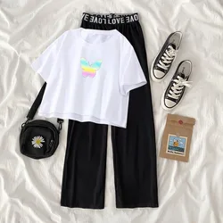 2026 spring summer Kids tracksuit Children Girls Clothes short sleeve T-Shirt + wide leg Pants Suit Teenager 5 6 7 10 11 12 year