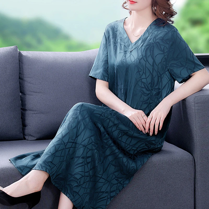 5XL Dress Mom New Summer Mulberry Silk Dress Women's Fashion Loose Medium Llong Pocket Pullover Dresses Female