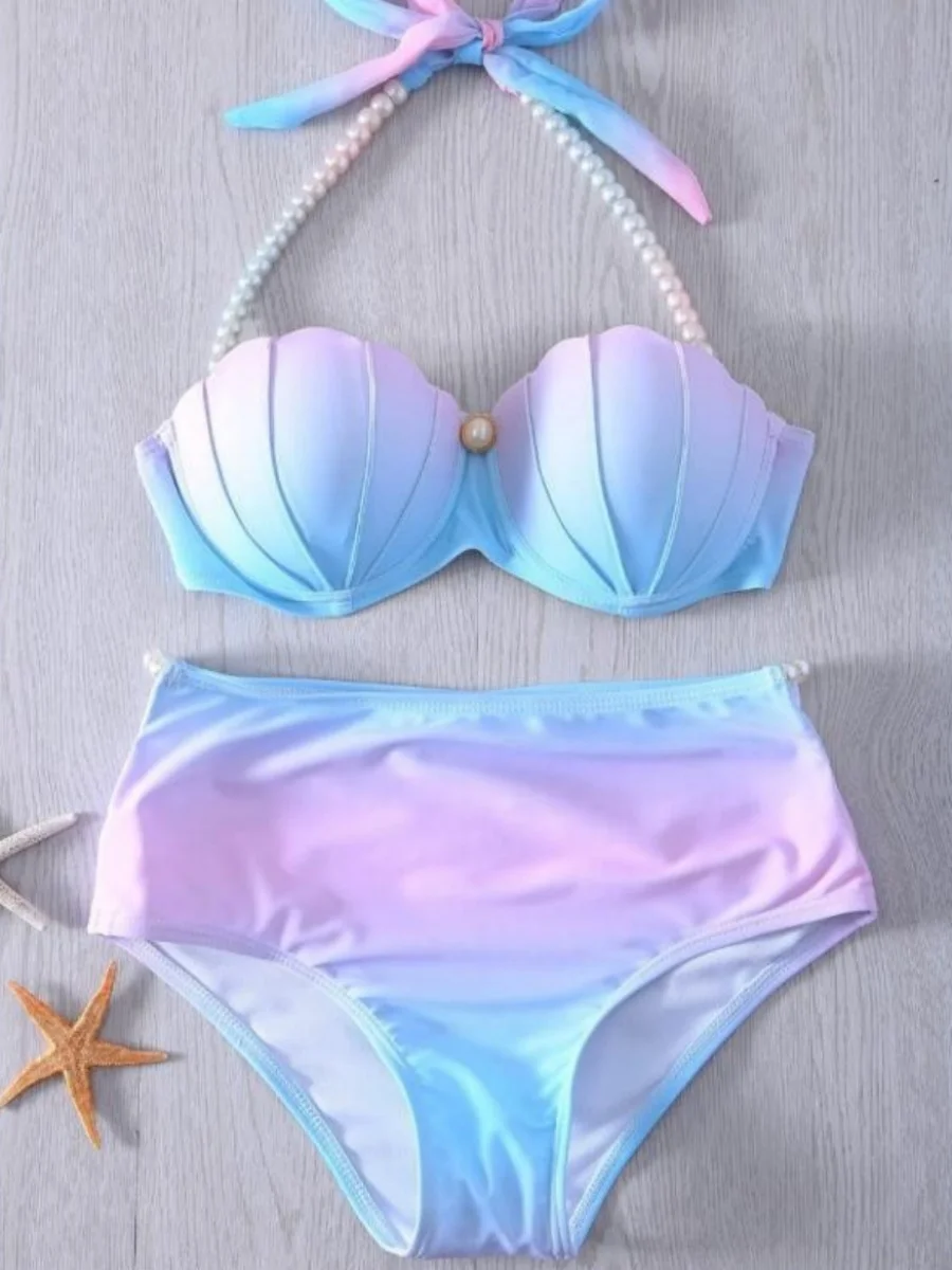 Letni strój kąpielowy Mermaid Kobiety Strappy Shell Bikini Sets Split Strój kąpielowy Sexy High Waist Push Up Shell Stroje kąpielowe Kostiumy