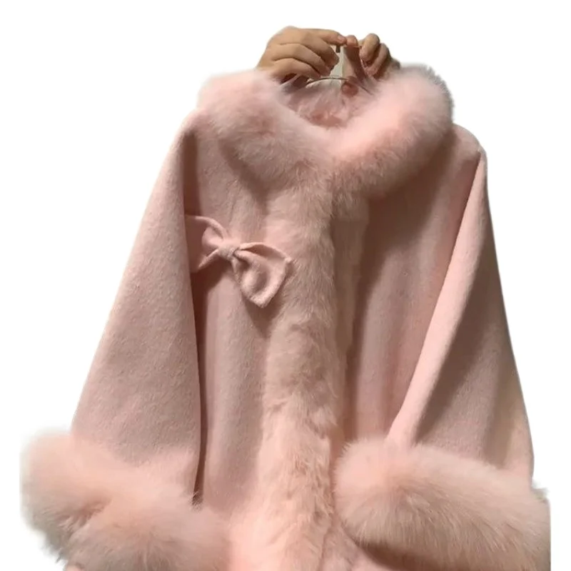 

2026 Autumn and Winter New Bow Fur Collar Cape Pink Coating Premium Woolen Design Autumn and Winter Name Sweet Coating Thickened