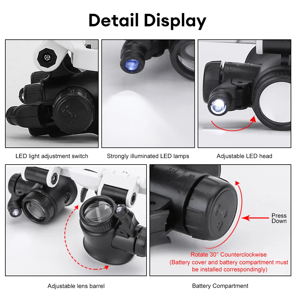 2XLED Watch Jeweler Repair Magnifier Head-Mounted Headband Adjustable Magnifying Head Eye Glasses Loupe Lens 8X 15X 23X