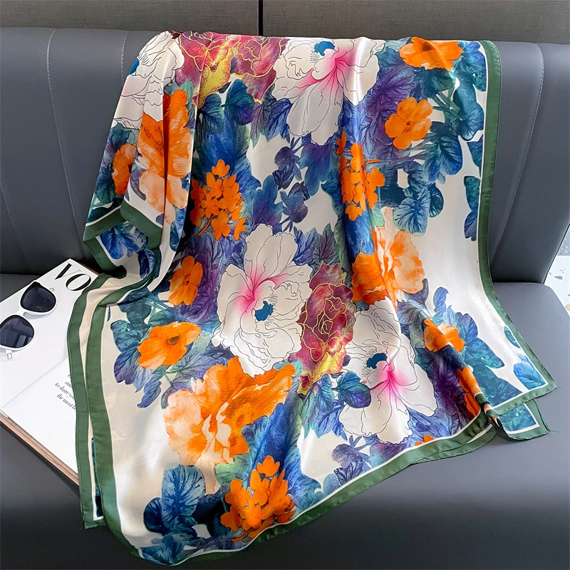 Fashion Muffler Women Silk Winter Scarf New 180*90cm Luxury Design Print Lady Beach Shawl Scarves Smooth Foulard Female Hijab