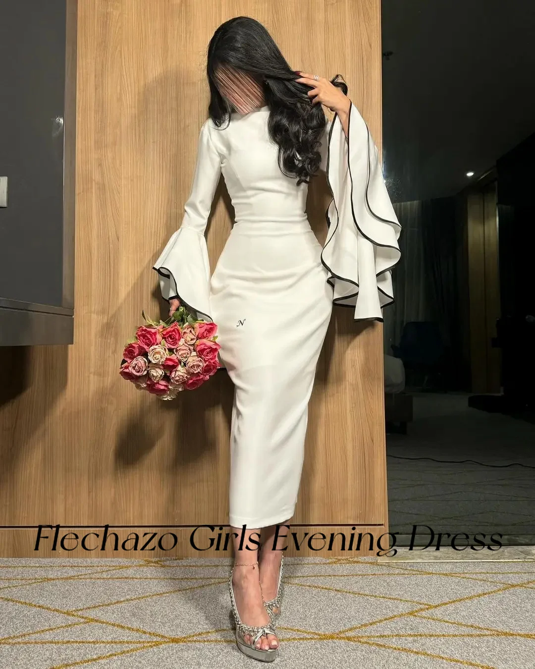 Flechazo White Evening Dresses High Neck Flare Sleeves Sheath Tea-Length Formal Party Dress For Women 2024 vestidos de noche