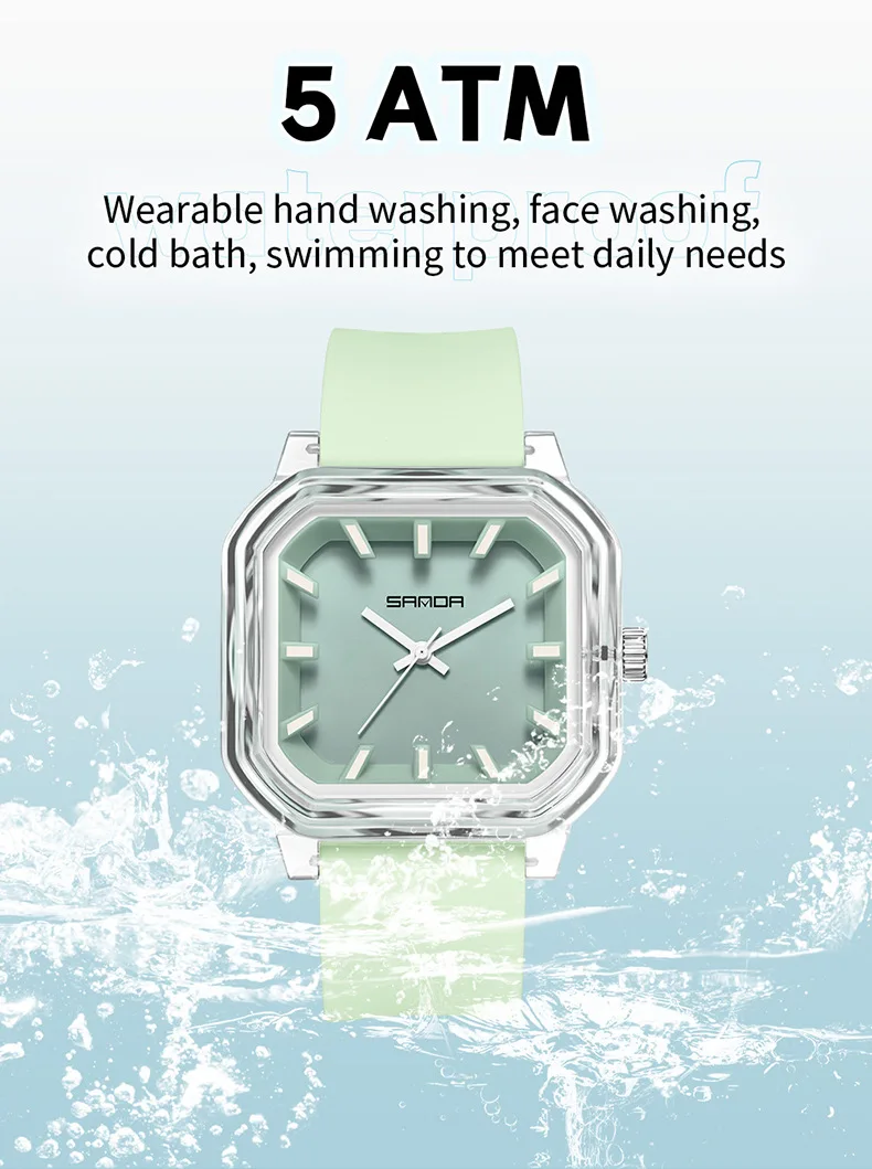 SANDA 9083 ساعة أطفال مربعة عصرية للجنسين 5ATM مقاومة للماء بحزام سيليكون ناعم خفيف الوزن 35 جرام ساعة كوارتز عادية بسيطة #4