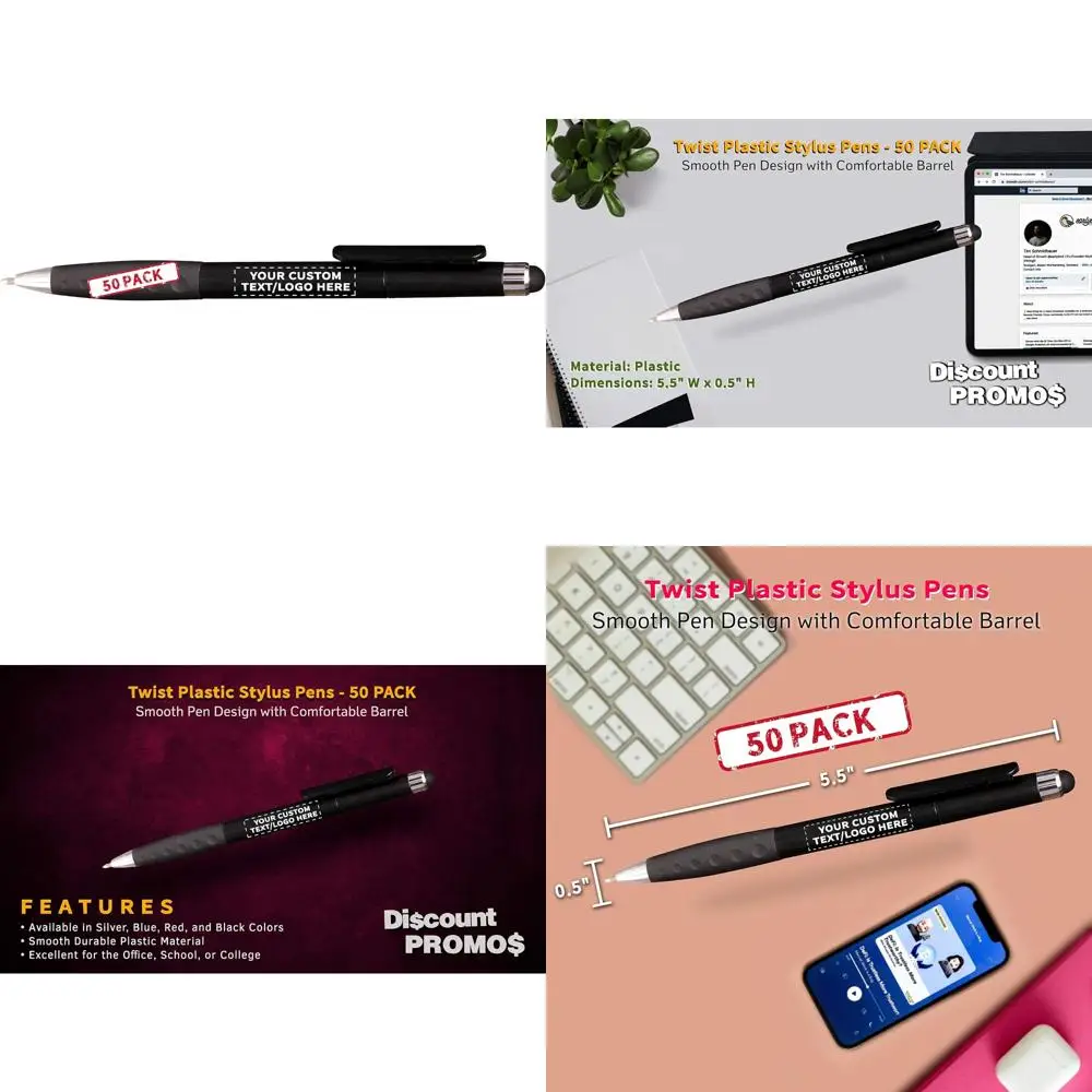 50 عبوة من أقلام القلم البلاستيكية الملتفة القابلة للتخصيص مع نص وشعار شخصي - أسود - مثالية للمناسبات الترويجية