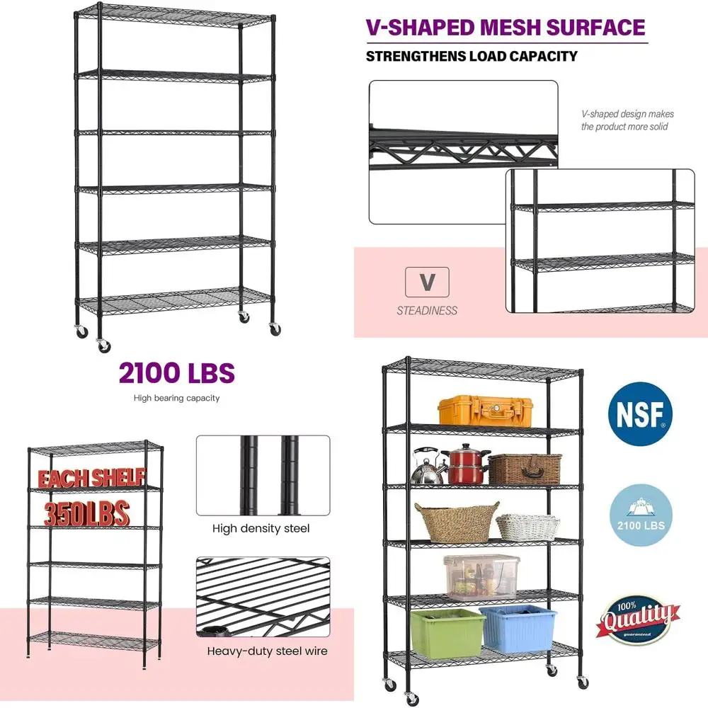 

FDW 48L × 18W × 82H Проволочный стеллаж Тележка для хранения Металлическая полка Рулонная тележка Вместимость 2100 фунтов с 6-уровневыми роликами Регулируемая