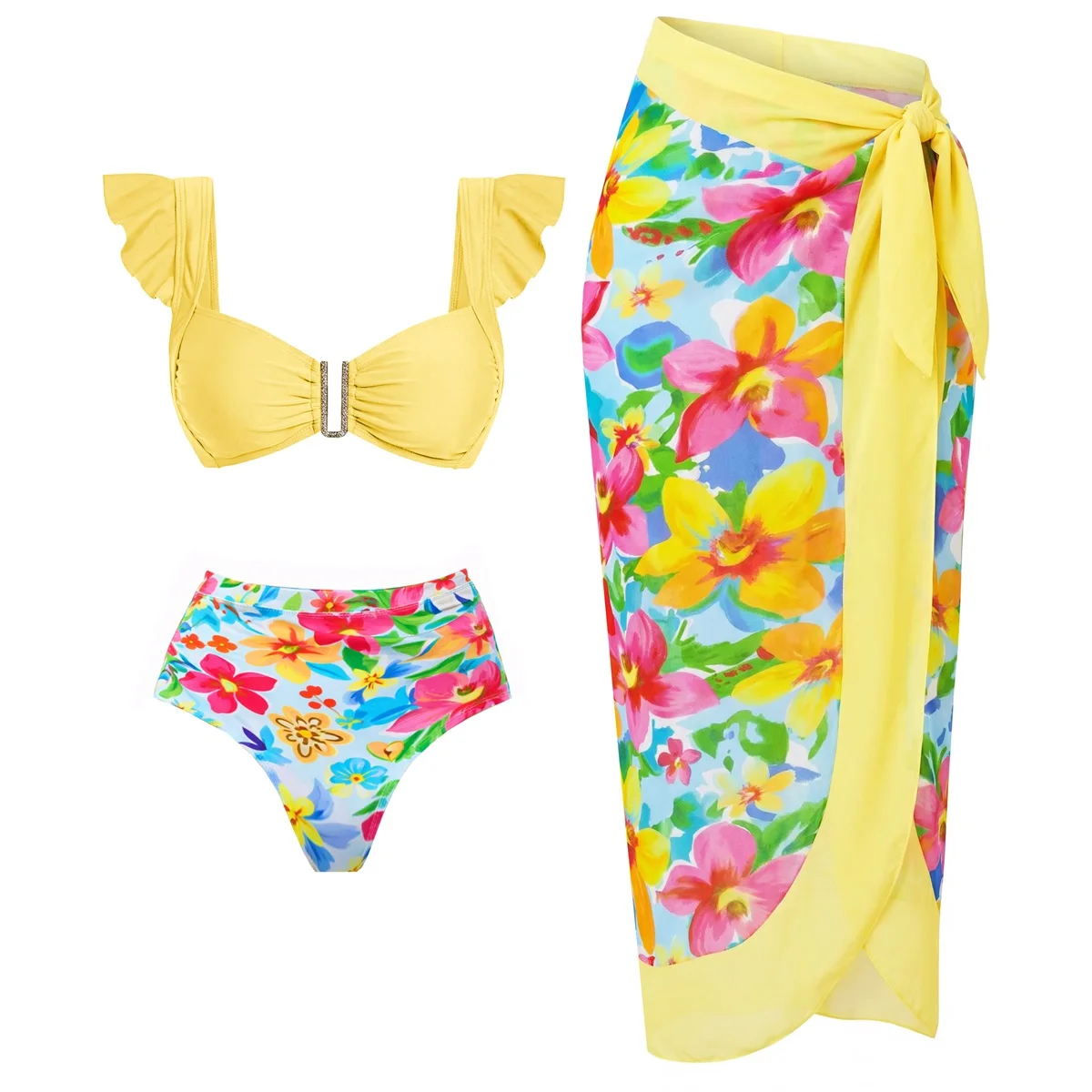 Ruffle 3Pcs Printed Swimsuit With Cover Up Sexy Women Swimwear Push Up Bikini Female Bandeau Biquini 2XL Bathing Suit Beachwear