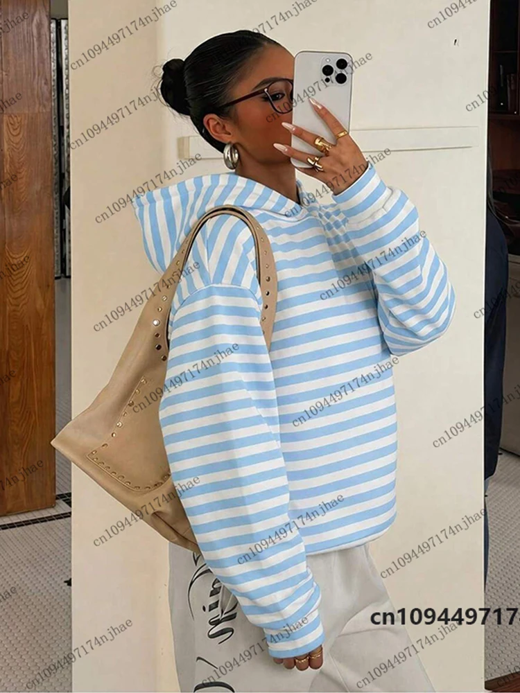 2026 Neue Vintage-Streifendruck-Hoodies für Damen, Herbst-Winter-Langarm-Sweatshirt, lässiger Street-Pullover, Oversized-Unisex-Oberteil – Detail 7