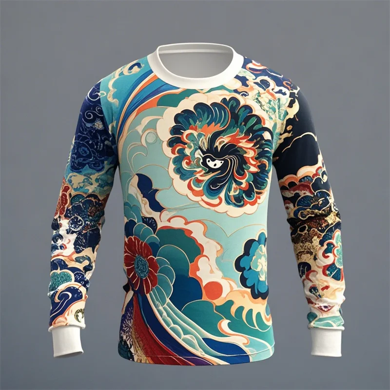 

Novelty Men's Ukiyoe Long-sleeved T-shirt 3D Printing Retro Harajuku Pattern Printing Men Autumn Casual Round Neck Male Top ﻿
