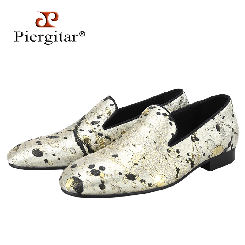 Piergitar Gold Color Ink Embossed Silk Men's Loafers Slip-On Model Handmade Moccasins For Wedding Breathable Leather Insole